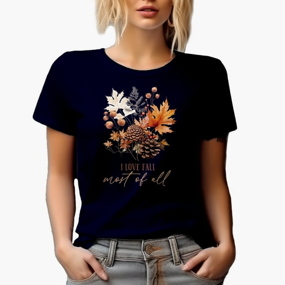 I Love Fall Most of All, Autumn Leaves Art, Navy Blue T-Shirt, 3XL