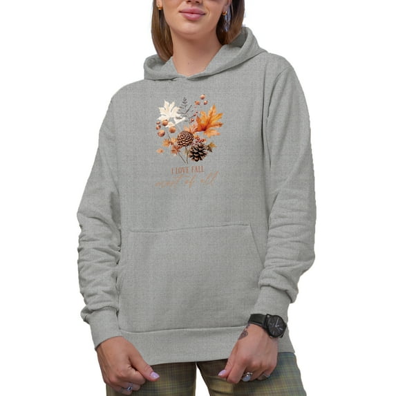 I Love Fall Most of All with Autumn Leaves Art Merch Gift, Heather Grey Hooded Sweatshirt or Hoodie, Large