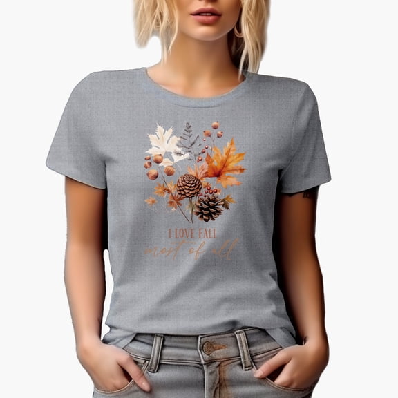 I Love Fall Most of All with Autumn Leaves Art Merch Gift, Heather Grey T-Shirt, Small
