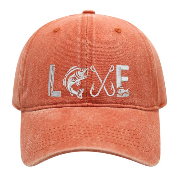 I Love Fish Embroidered Washed Baseball Cap, Double Fish Hooks & Fish Pattern Vintage Soft Adjustable Hat for Men Women Outdoor Fishing