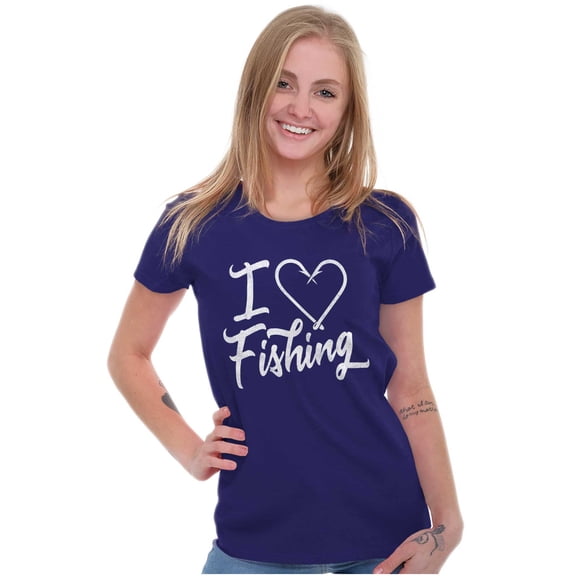 I Love Fishing Hook Heart Cute Cool Womens Slim Fit Graphic Tee Brisco Brands X