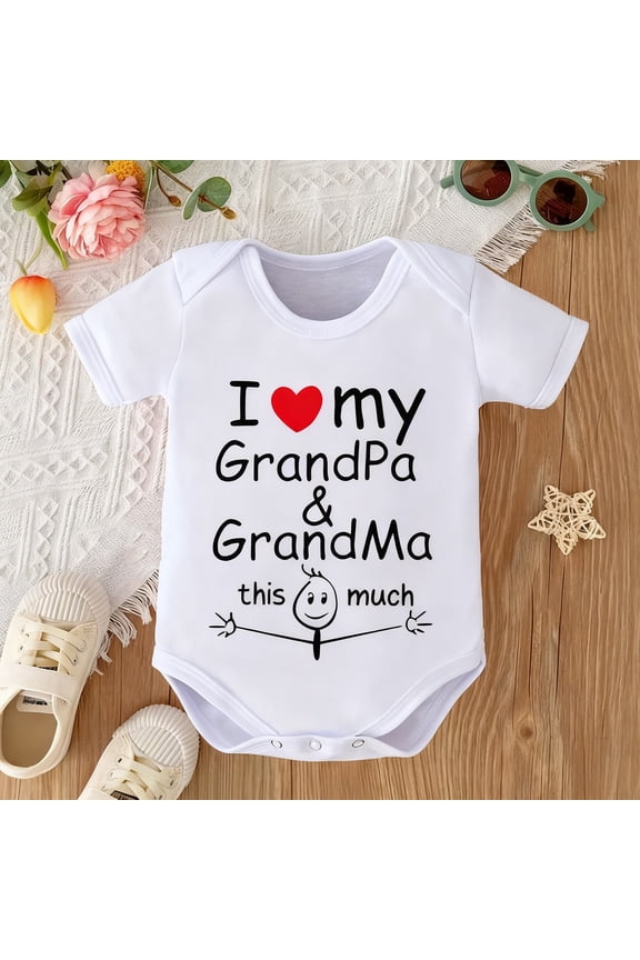 I Love My Grandpa & Grandma Baby Bodysuit,White Heart & Family Figure Print Romper, Snap Closure Onesie, Sentimental Newborn Gift for Grandparents & Mothers Day