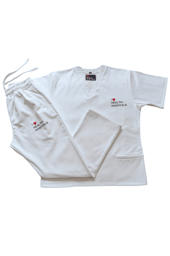 I Love Health and Hospitals Unisex MEDIUM Off-white Fall Winter Water resistant Scrub Set.