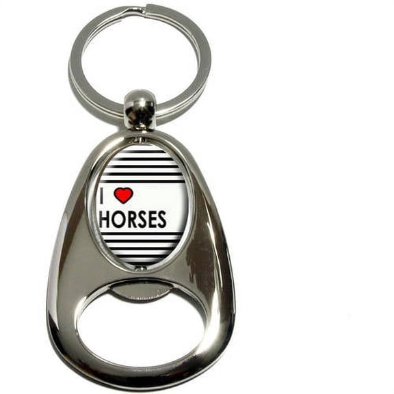 I Love Heart Horses, Chrome Plated Metal Spinning Oval Design Bottle Opener Keychain Key Ring