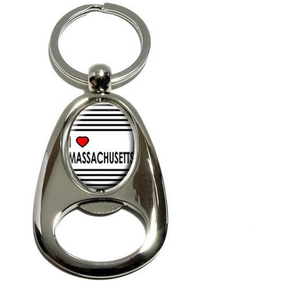 I Love Heart Massachusetts, Chrome Plated Metal Spinning Oval Design Bottle Opener Keychain Key Ring