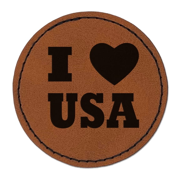 I Love Heart USA United States of America Patriotic 2.5" Faux Leather Round Engraved Iron-On Patch - Brown
