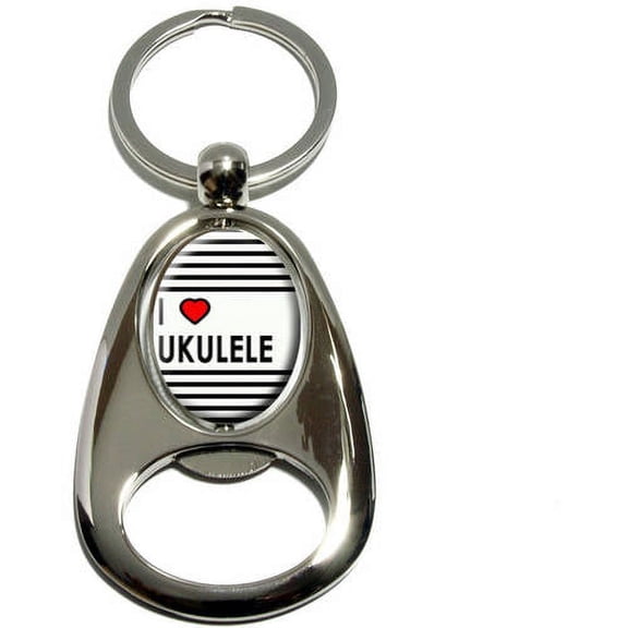 I Love Heart Ukulele, Chrome Plated Metal Spinning Oval Design Bottle Opener Keychain Key Ring