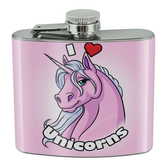 I Love Heart Unicorns Pink Stainless Steel 5oz Hip Drink Kidney Flask