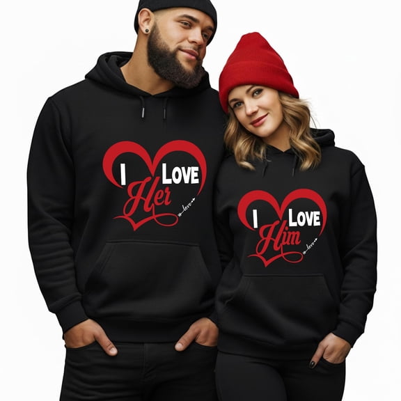 I Love Her I Love Him Heart Design Matching Couple Hoodie – Romantic His and Hers Hoodie, Valentine Gift