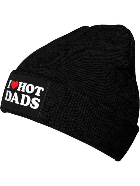 I Love Hot Dads I Heart Hot Dads Black Men Women Knit Beanie Hat Winter Warm Soft Stretchy Cap