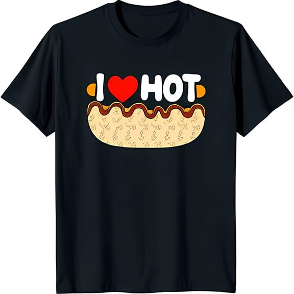 I Love Hot Dogs Black T-Shirt with Cartoon Hotdog Graphic Men's Large