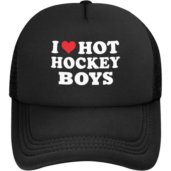 I Love Hot Hockey Boys Baseball Hats Classic Solid Color Adjustable Mesh Baseball Cap for Men Women Black