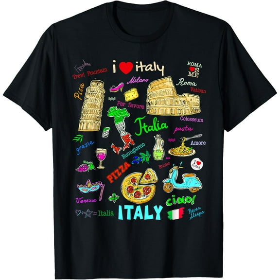 I Love Italy, Enjoy Cool Italy Illustration Sketch Drawing T-Shirt men and women can wear, black, white, gifts
