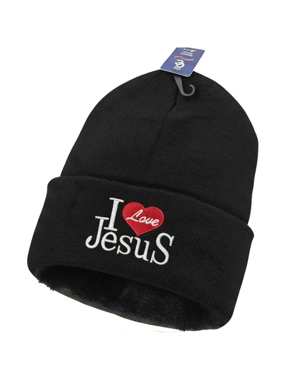 I Love Jesus Beanie Hat – Fleece-Lined Knit Winter Cap with Embroidered Christian Design, Unisex, Black