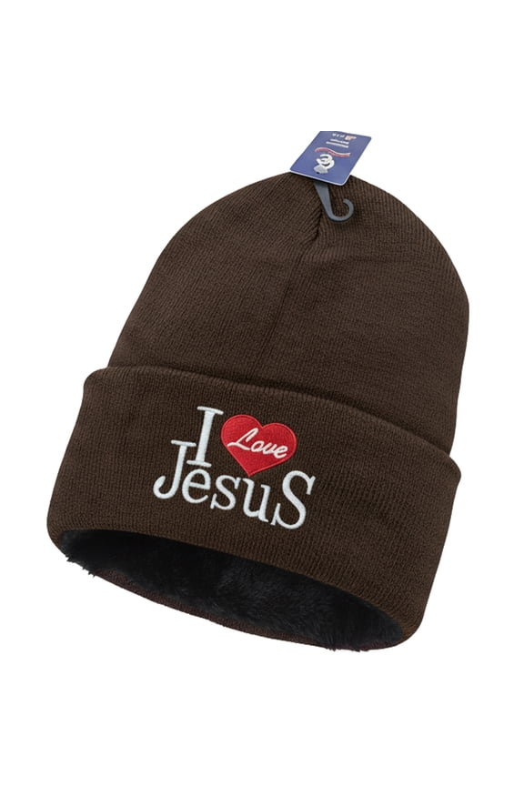 I Love Jesus Beanie Hat – Fleece-Lined Knit Winter Cap with Embroidered Christian Design, Unisex, Dark Brown