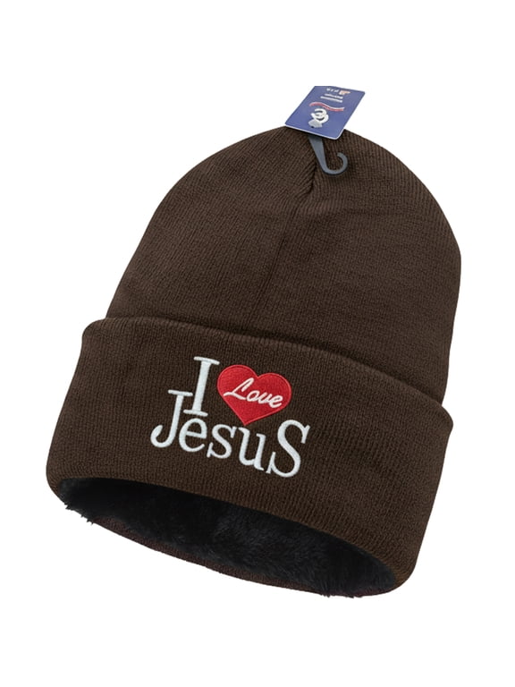 I Love Jesus Beanie Hat – Fleece-Lined Knit Winter Cap with Embroidered Christian Design, Unisex, Dark Brown