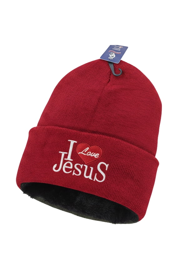 I Love Jesus Beanie Hat – Fleece-Lined Knit Winter Cap with Embroidered Christian Design, Unisex, Red