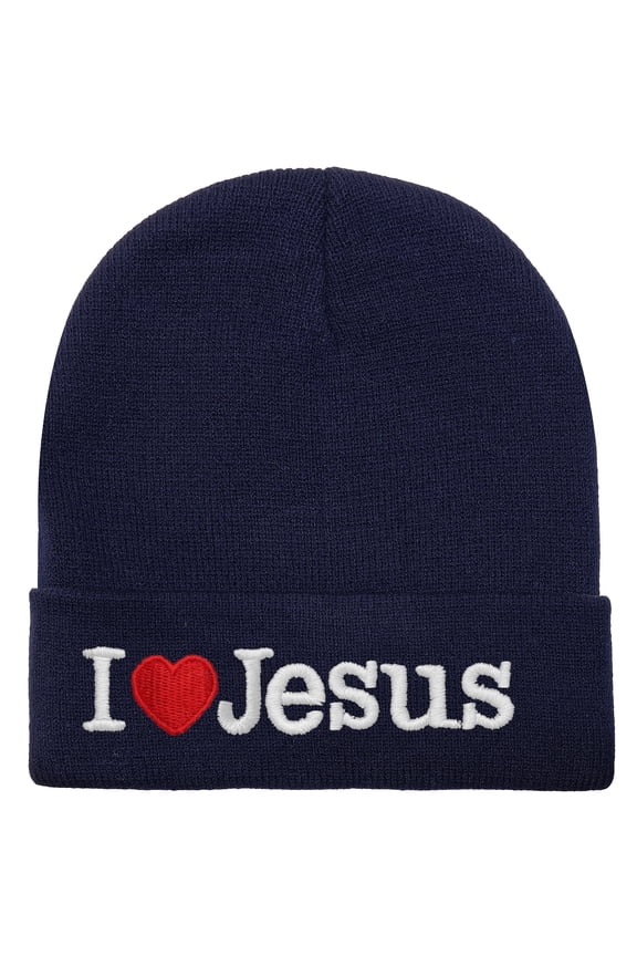 I Love Jesus Beanie Hat Ski Cap All Seasons Embroidered Solid Color - Navy
