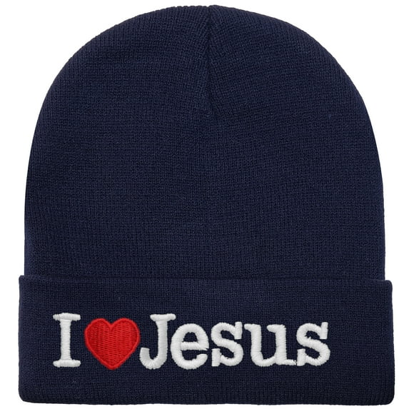 I Love Jesus Beanie Hat Ski Cap All Seasons Embroidered Solid Color - Navy