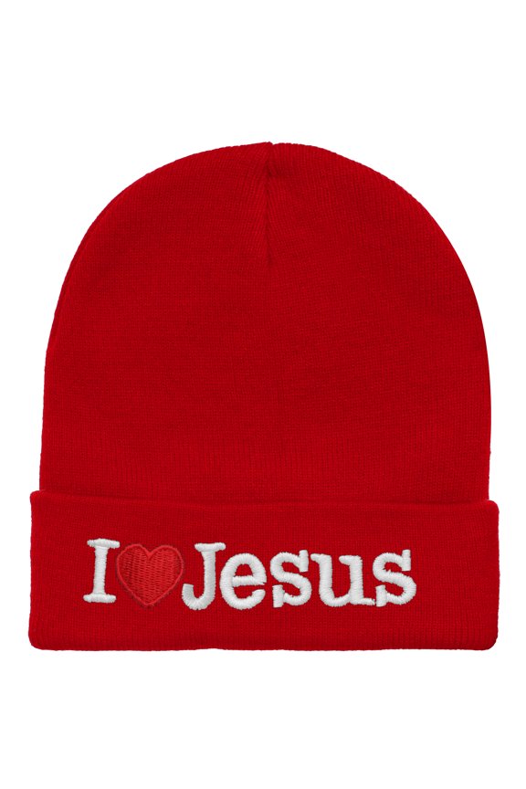 I Love Jesus Beanie Hat Ski Cap All Seasons Embroidered Solid Color - Red