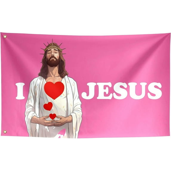 I Love Jesus Flag Funny Motivational Cool Flags Banner Room Teen Girls College Dorm Bedroom Wall Decor Outdoor Indoor Pink, Two Copper Grommets