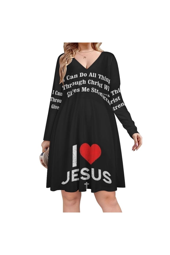 I Love Jesus Long Sleeve Sexy Dresses For Women Ladies Vintage Elegant Party Dress Oversized V-neck Dress