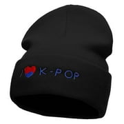 I Love K-Pop Embroidered 12 Inch Long Knitted Beanie - Black OSFM