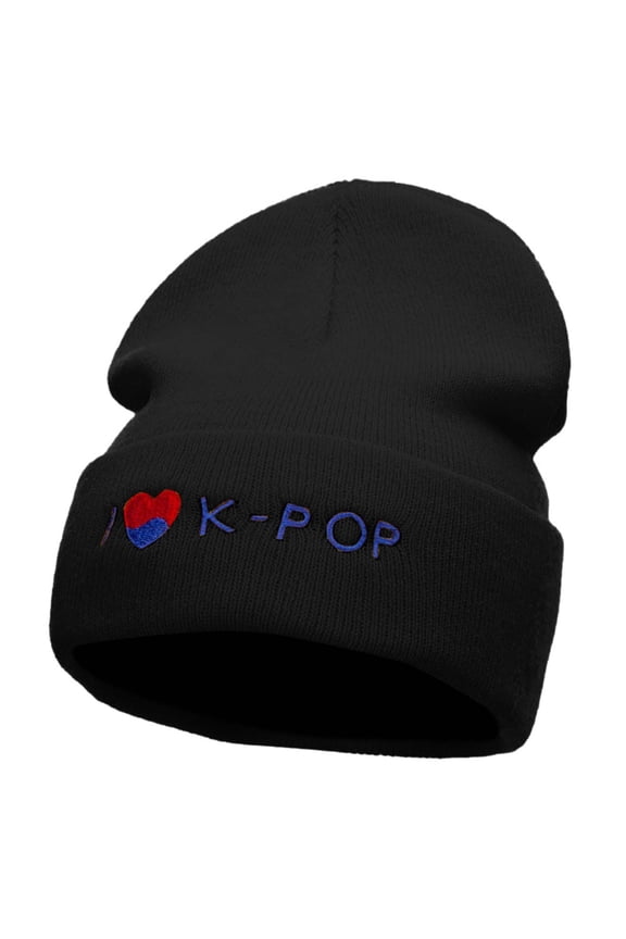I Love K-Pop Embroidered 12 Inch Long Knitted Beanie - Black OSFM