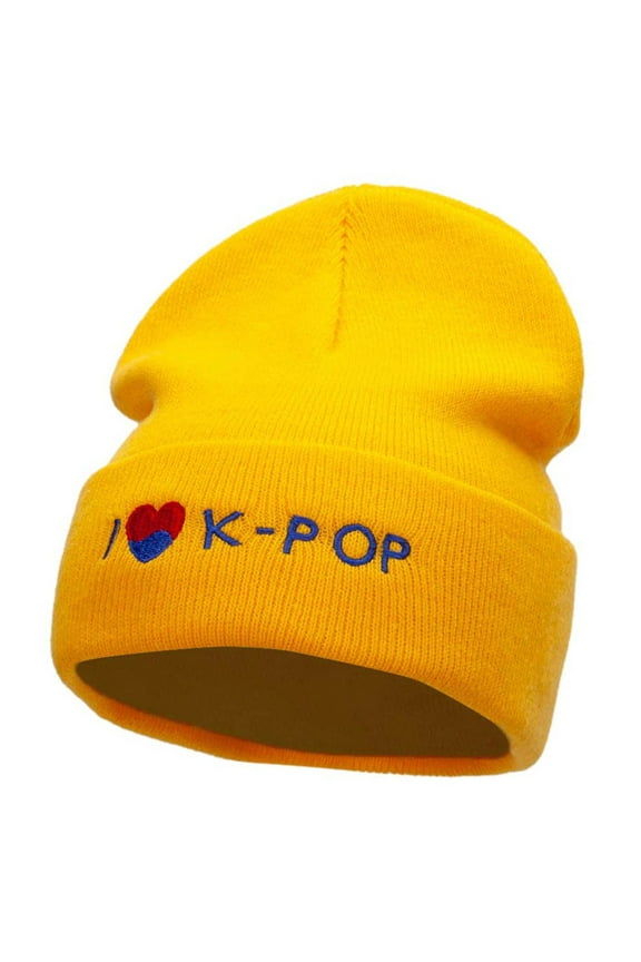 I Love K-Pop Embroidered 12 Inch Long Knitted Beanie - Yellow OSFM