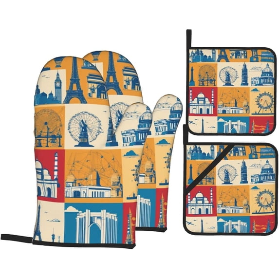 I Love London Print Oven Mitts and Pot Holders Sets 4 Piece Set Kitchen Women Men Cooking Baking Microwave Heat Resistant