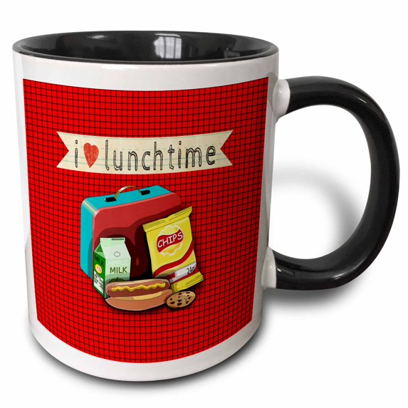 3drose, I Love Lunchtime, Lunch Box, Hot Dog, Chip, Milk on Red Graph Paper, 15oz Two-tone Black Mug