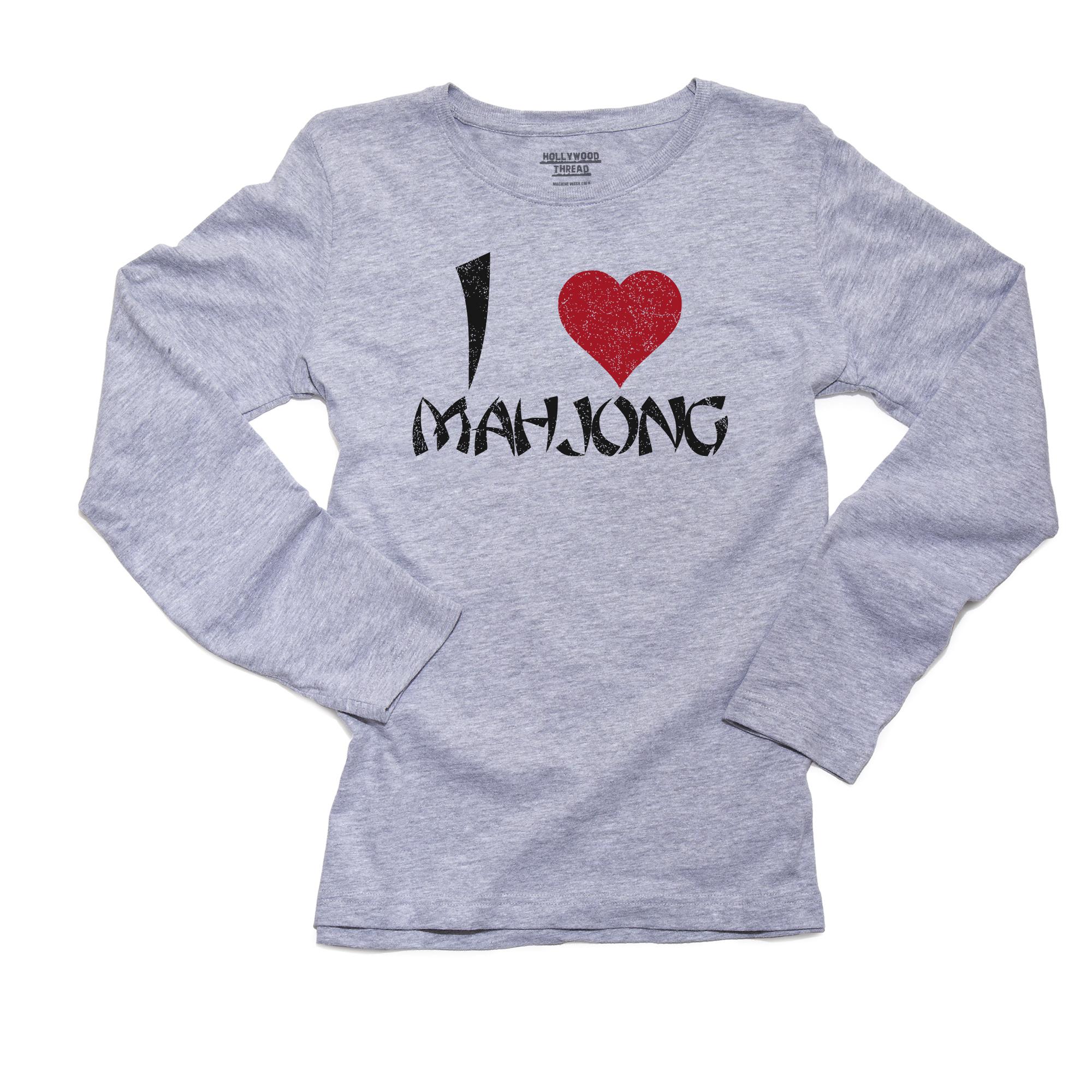 I Love Mahjong - Big Red Heart Asian Font Women's Long Sleeve Grey T-Shirt - image 1 of 2