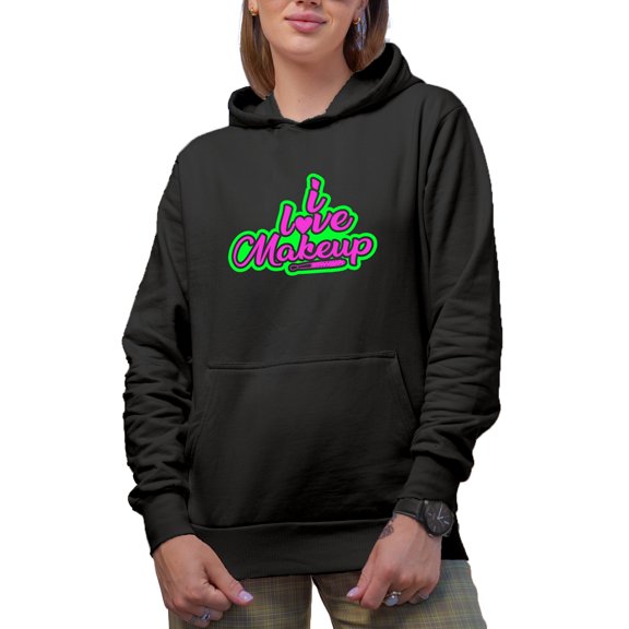 I Love Makeup with Heart, Beauty Themed Merch Gift for Makeup Artist or Lovers, Cosmetologists & Beauticians, Black Hooded Sweatshirt or Hoodie, Small