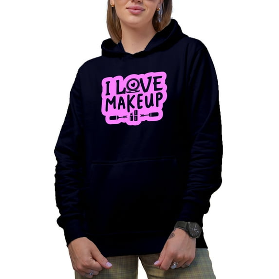 I Love Makeup Quote with Compact Powder, Beauty Themed Merch Gift for Makeup Artist or Lovers, Cosmetologists & Beauticians, Navy Blue Hooded Sweatshirt or Hoodie, Large