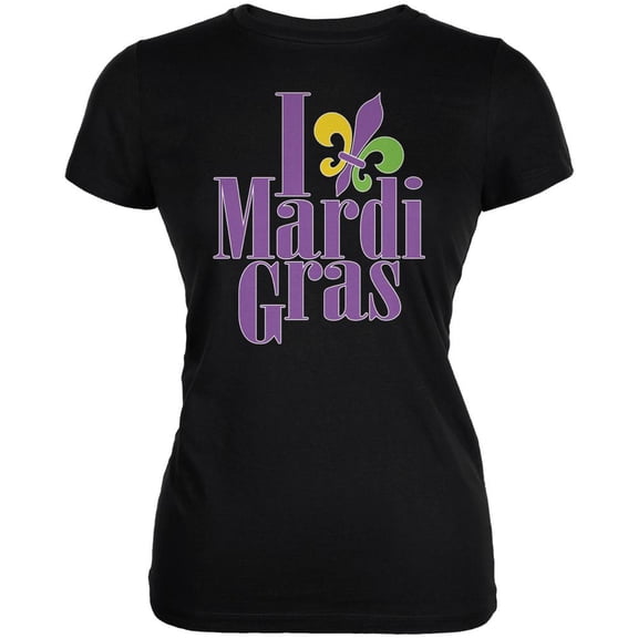 I Love Mardi Gras Fleur De Lis Black Juniors Soft T-Shirt - X-Large