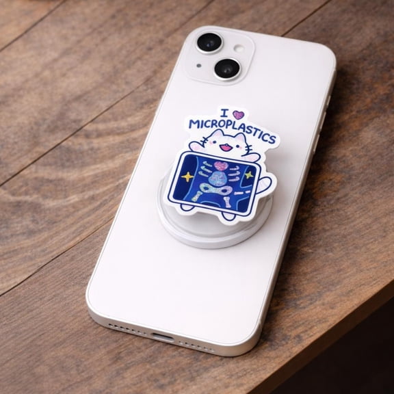 I Love Microplastics Phone Grip, Cute Cat, Kitten Eating Plastic X-Ray, Durable and Cute Pop Socket for iPhone & Samsung