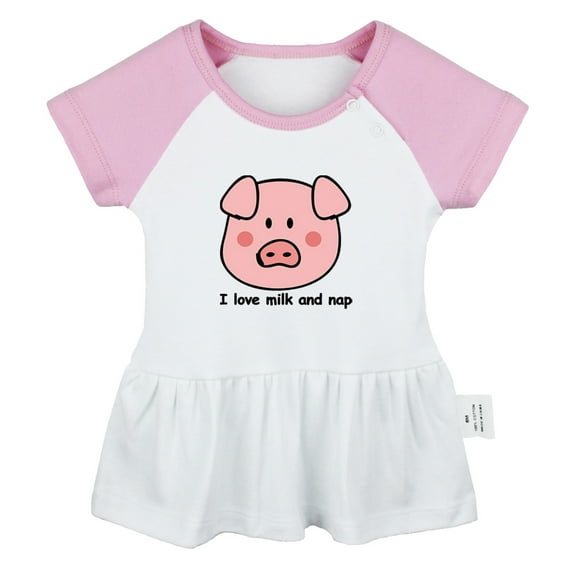 I Love Milk And Nap Funny Dresses For Baby, Newborn Babies Animal Pig Pattern Skirts, Infant Princess Dress, 0-24M Kids Graphic Clothes (Gray Raglan Dresses, 0-6 Months)