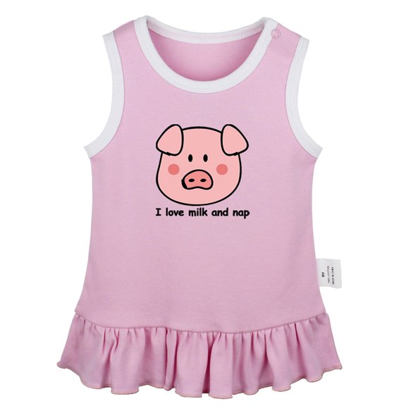 I Love Milk And Nap Funny Dresses For Baby, Newborn Babies Animal Pig Pattern Skirts, Infant Princess Dress, 0-24M Kids Graphic Clothes (Pink Sleeveless Dresses, 12-18 Months)