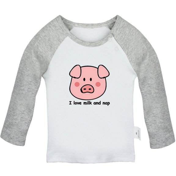 I Love Milk And Nap Funny T shirt For Baby, Newborn Babies Animal Pig T-shirts, Infant Tops, 0-24M Kids Graphic Tees Clothing (Long Gray Raglan T-shirt, 12-18 Months)