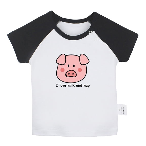 I Love Milk And Nap Funny T shirt For Baby, Newborn Babies Animal Pig T-shirts, Infant Tops, 0-24M Kids Graphic Tees Clothing (Short Black Raglan T-shirt, 12-18 Months)