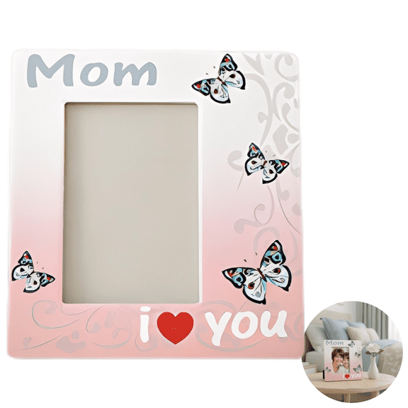 I Love Mom Ceramic Picture Frame, 8.3 x 7.3 in Pink & White Porcelain Photo Frames with Butterfly Accents, Tabletop Decoration Gift for Mom, Easy Photo Changing