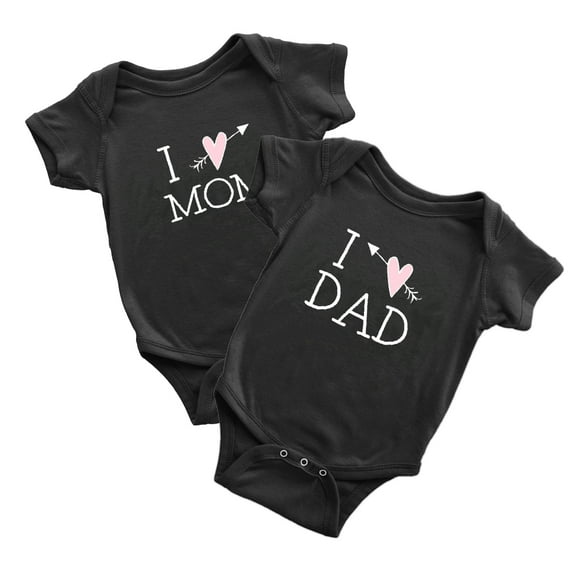 I Love Mom and I Love Dad Newborn Twins Bodysuit Baby Boys Girls Sister Brother (Black, 12-18M)