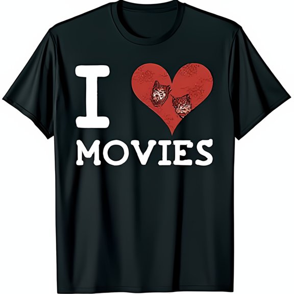 I Love Movies Black T-Shirt with Red Heart & Theatrical Design