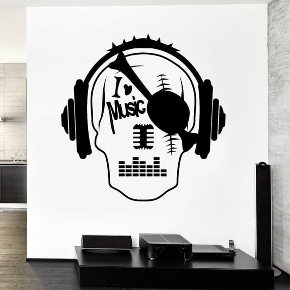 I Love Music One-eyed Pirate Skull Rock Music Wall Sticker Vinyl Home Decor Living Room Bedroom Bar Disco Decals Wallpaper 42x43cm