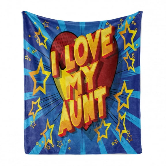I Love My Aunt Soft Flannel Fleece Throw Blanket, Comic Style Vibrant Composition of Typography, Cozy Plush for Indoor and Outdoor Use, 50" x 70", Sky Blue Multicolor, by Ambesonne