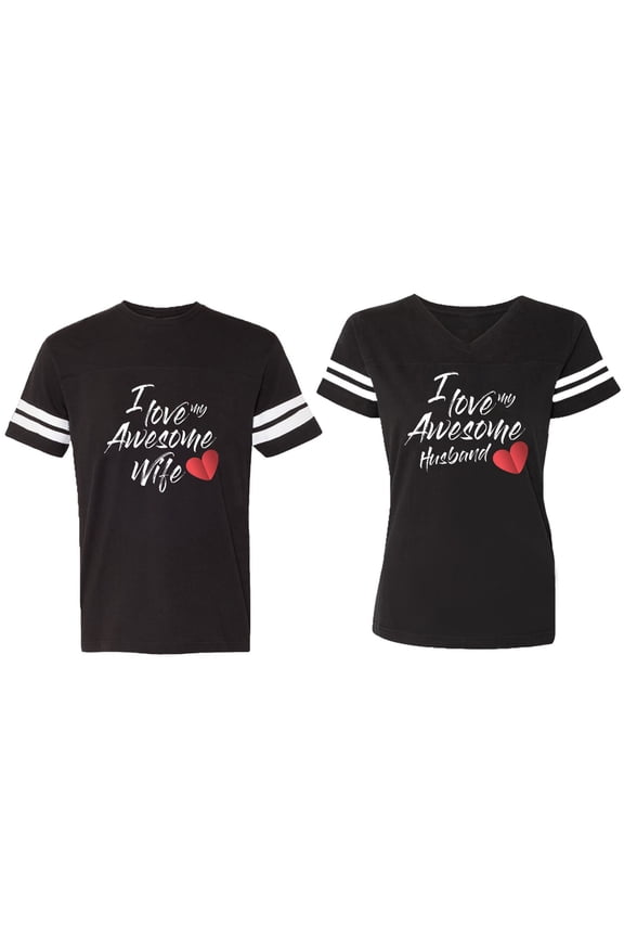 I Love My Awesome Husband Wife Matching Couple Cotton Jerseys (Men Black / Women Black) (Men M / Women M)