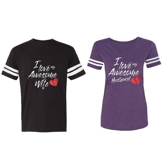 I Love My Awesome Husband Wife Matching Couple Cotton Jerseys (Men Black / Women Purple) (Men M / Women S)