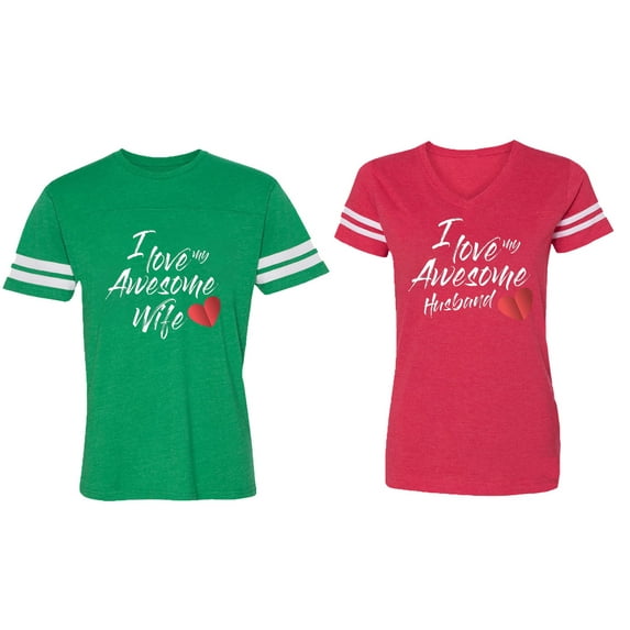 I Love My Awesome Husband Wife Matching Couple Cotton Jerseys (Men Green / Women Red) (Men S / Women XXL)