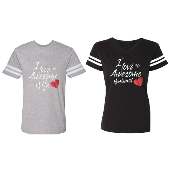 I Love My Awesome Husband Wife Matching Couple Cotton Jerseys (Men Heather / Women Black) (Men XXL / Women XXL)