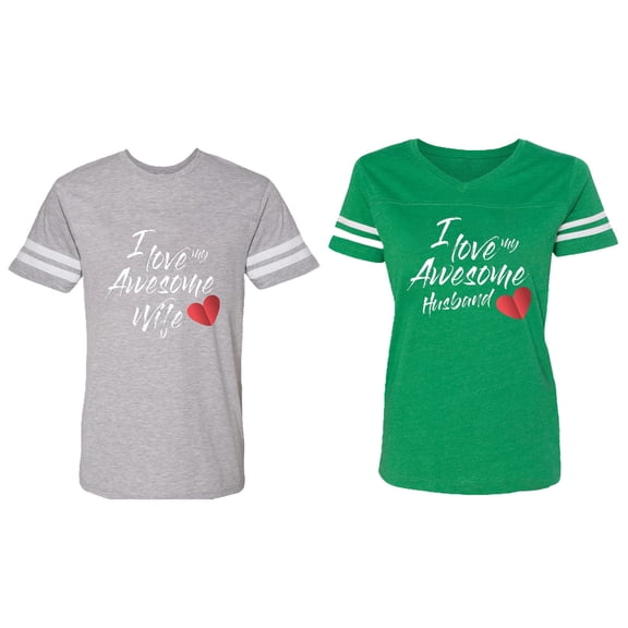 I Love My Awesome Husband Wife Matching Couple Cotton Jerseys (Men Heather / Women Green) (Men XXL / Women XL)
